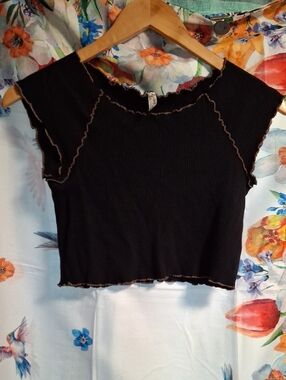 Free People Black Ribbed Crop Top with Contrast Stitching Size Small
